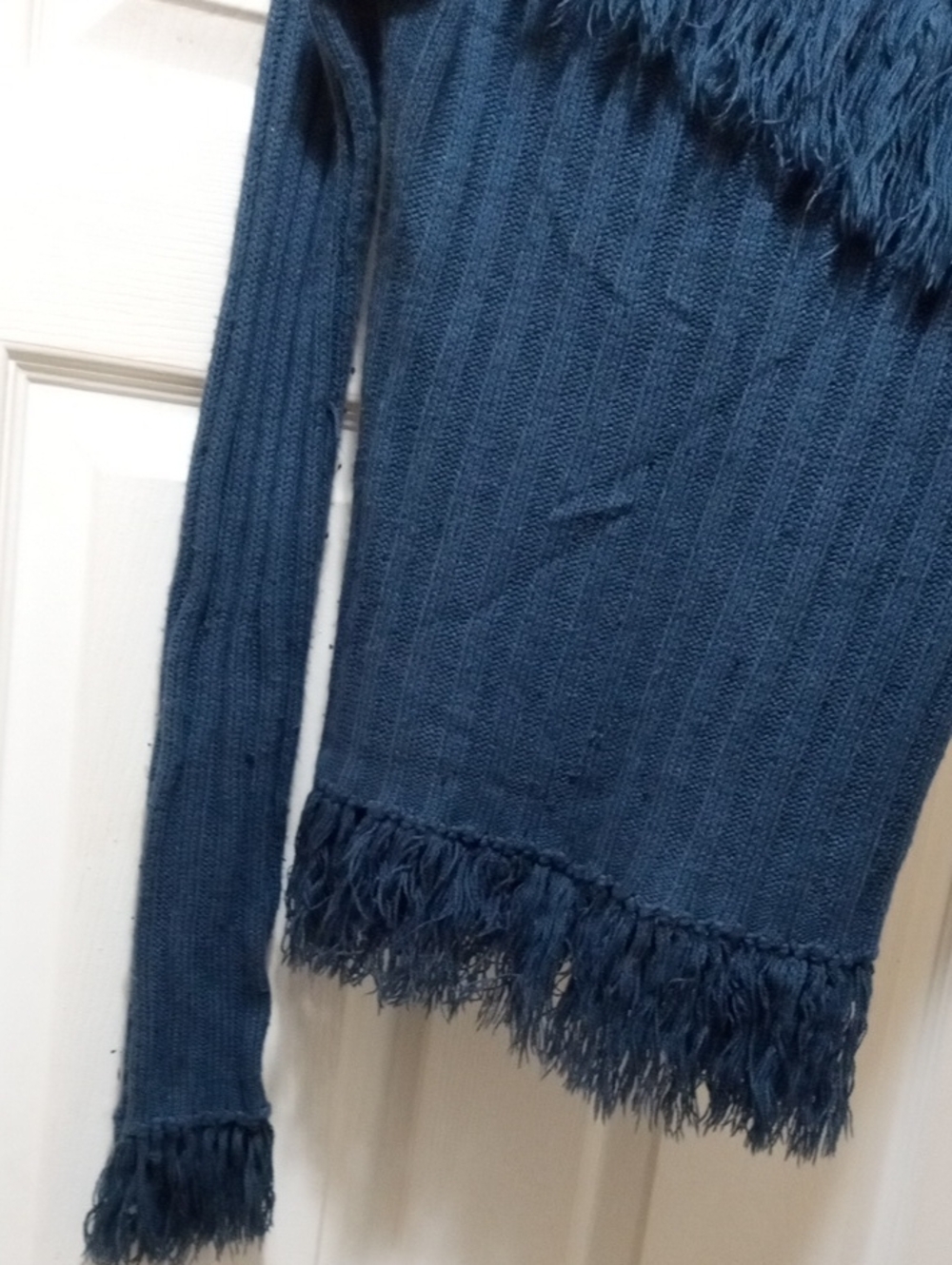 Blue Fringe Ribbed Women’s Sweater - Picture 2 of 6